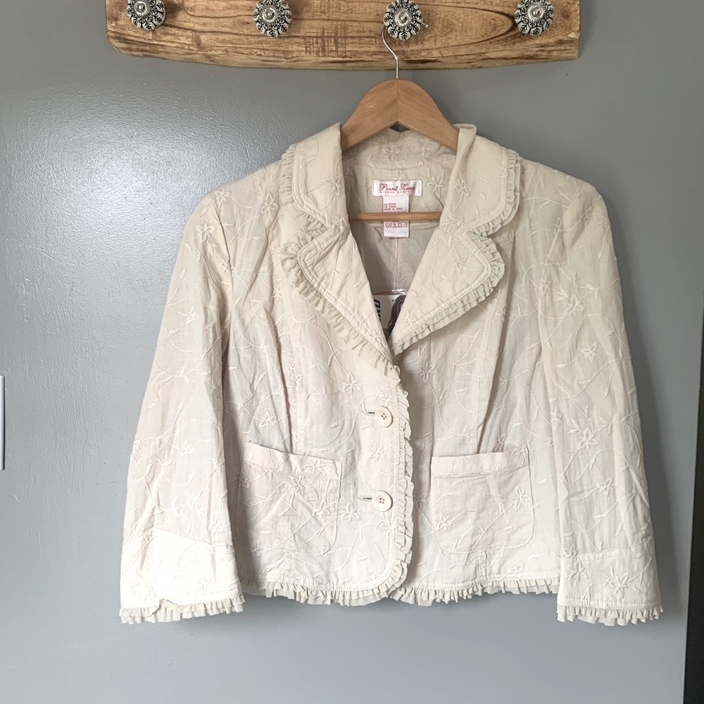Point Zero Ruffle Embroidered Floral Button Cream Blazer coat with Pockets